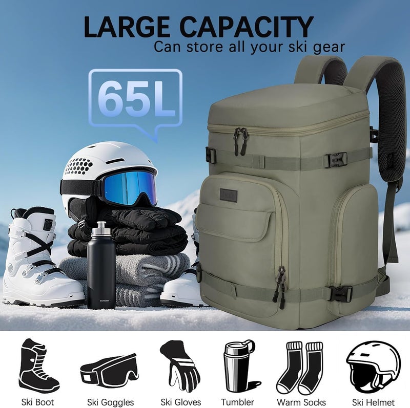 Tenfly Ski Boot Bag,65L Snowboard Boot Bag for Air Travel,Padded Ski Bakcpack for Helmet, Goggles, Gloves, Skis - Image 2